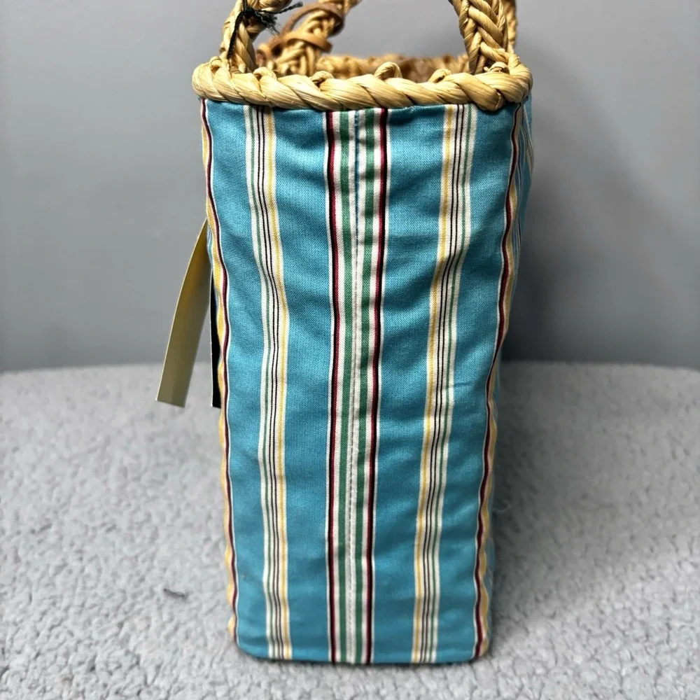 Lauren Ralph Lauren Tote Bag Blue Striped Fabric Straw Handle Vacation Beach
